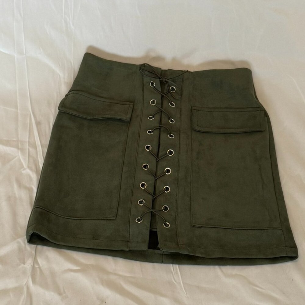 Olive Green Suede Lace-Up Mini Skirt Front Detail Pockets
